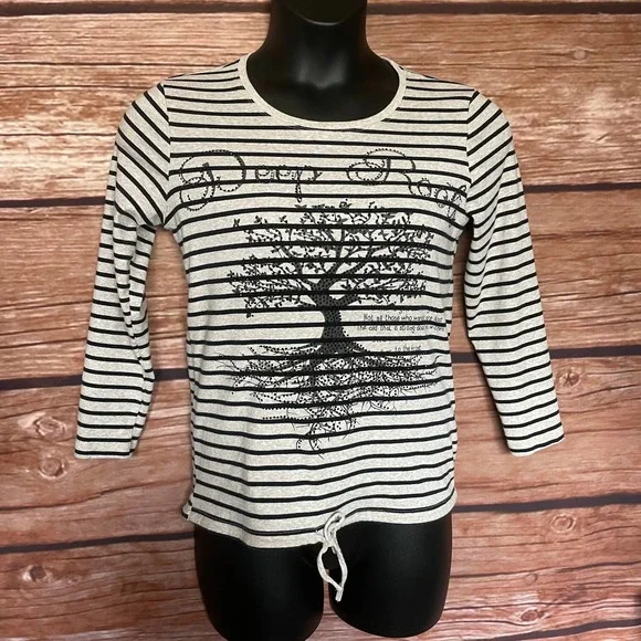 Blouse M Gertie Tan Navy Blue Striped Rhinestone Detail 3/4 Sleeve Cotton Shirt - Picture 1 of 8